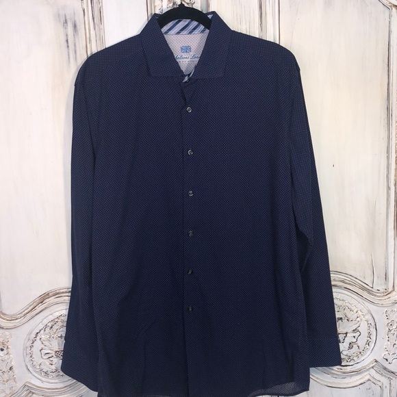 Men’s Mickelsons London Slim Fit Stretch Navy Dot Long Sleeve Dress Shirt Size L - Picture 1 of 10
